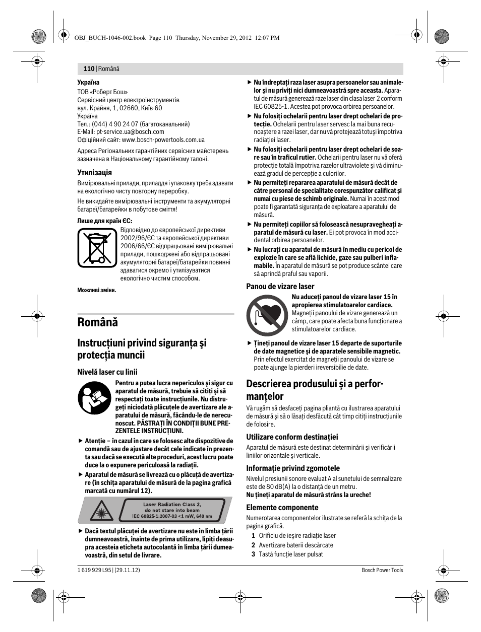 Română, Instrucţiuni privind siguranţa şi protecţia muncii, Descrierea produsului şi a perfor- manţelor | Bosch GLL 3-80 P Professional User Manual | Page 110 / 196