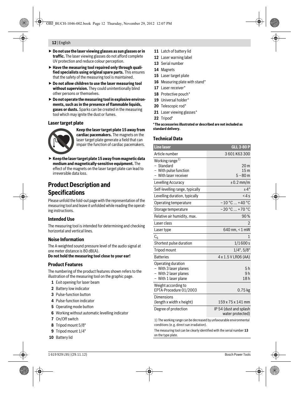 Product description and specifications | Bosch GLL 3-80 P Professional User Manual | Page 12 / 196