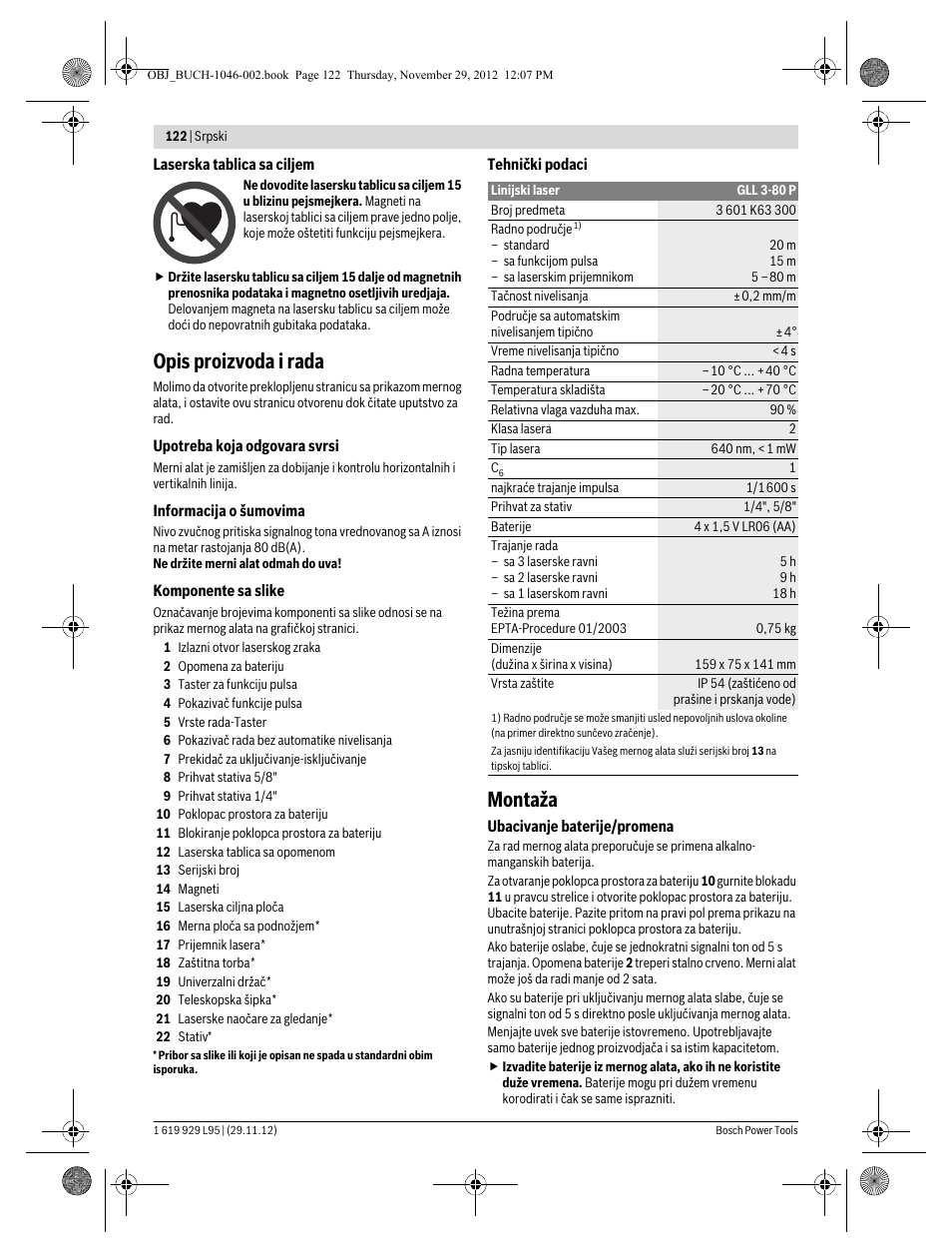 Opis proizvoda i rada, Montaža | Bosch GLL 3-80 P Professional User Manual | Page 122 / 196