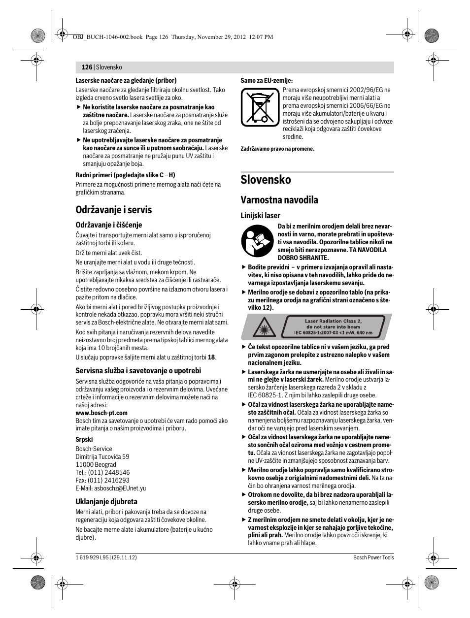 Slovensko, Održavanje i servis, Varnostna navodila | Bosch GLL 3-80 P Professional User Manual | Page 126 / 196