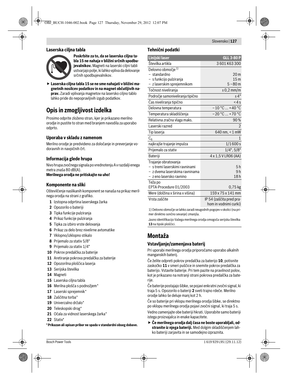 Opis in zmogljivost izdelka, Montaža | Bosch GLL 3-80 P Professional User Manual | Page 127 / 196