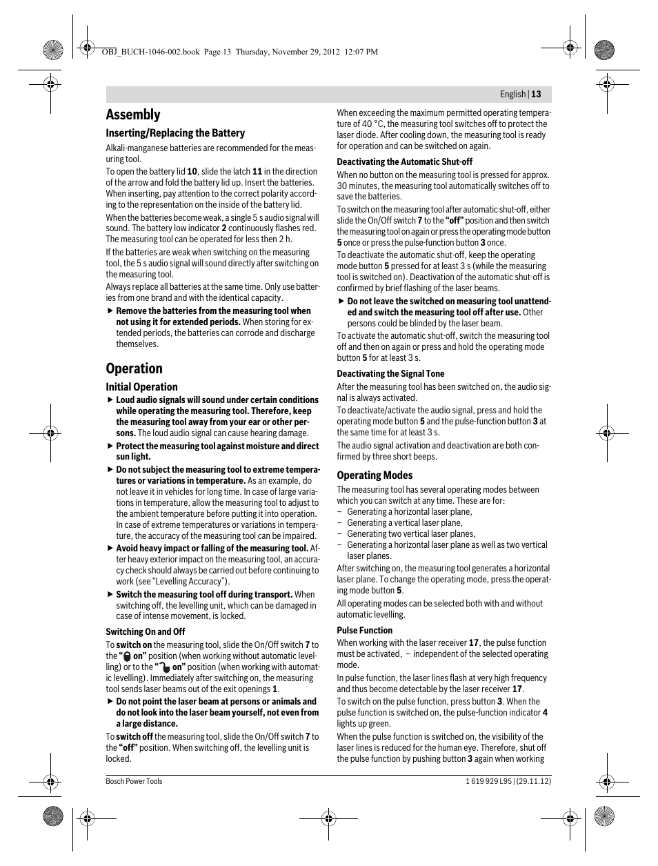 Assembly, Operation | Bosch GLL 3-80 P Professional User Manual | Page 13 / 196