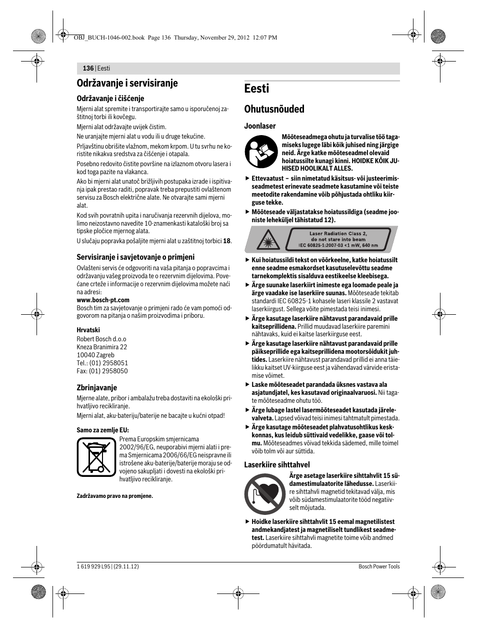 Eesti, Održavanje i servisiranje, Ohutusnõuded | Bosch GLL 3-80 P Professional User Manual | Page 136 / 196