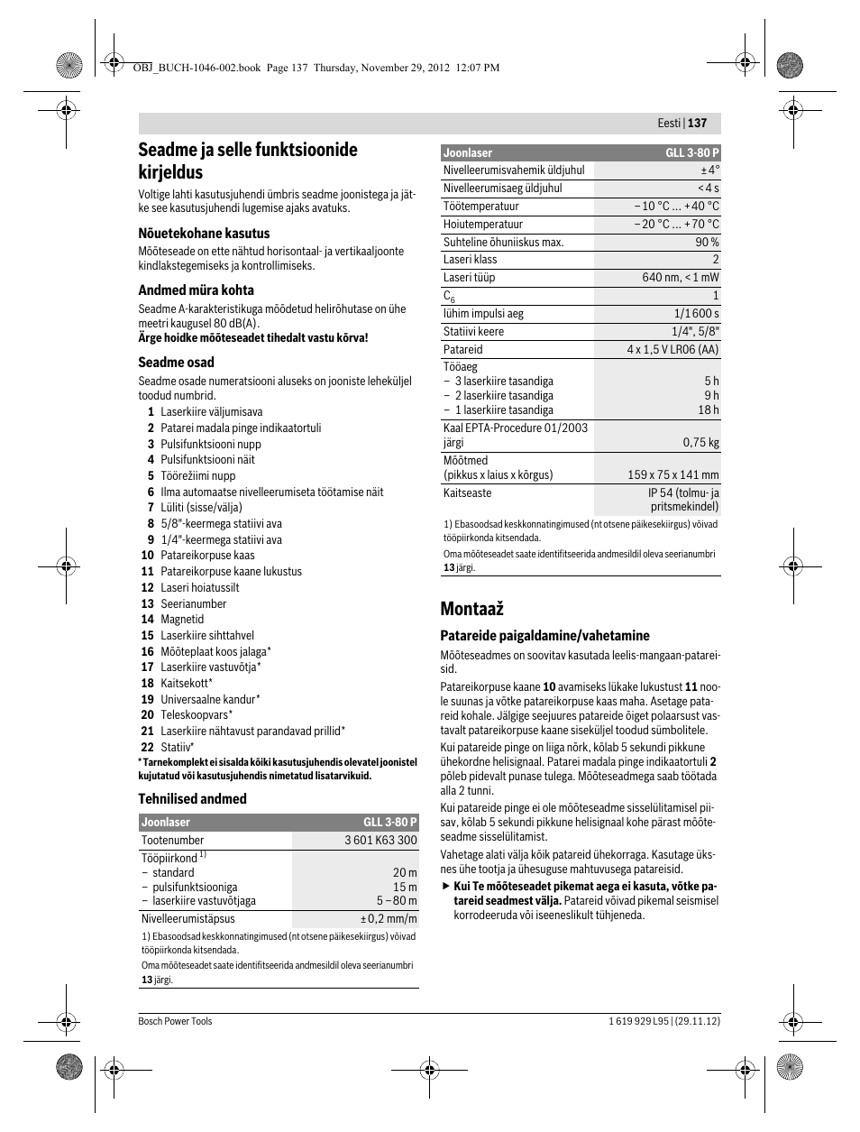 Seadme ja selle funktsioonide kirjeldus, Montaaž | Bosch GLL 3-80 P Professional User Manual | Page 137 / 196