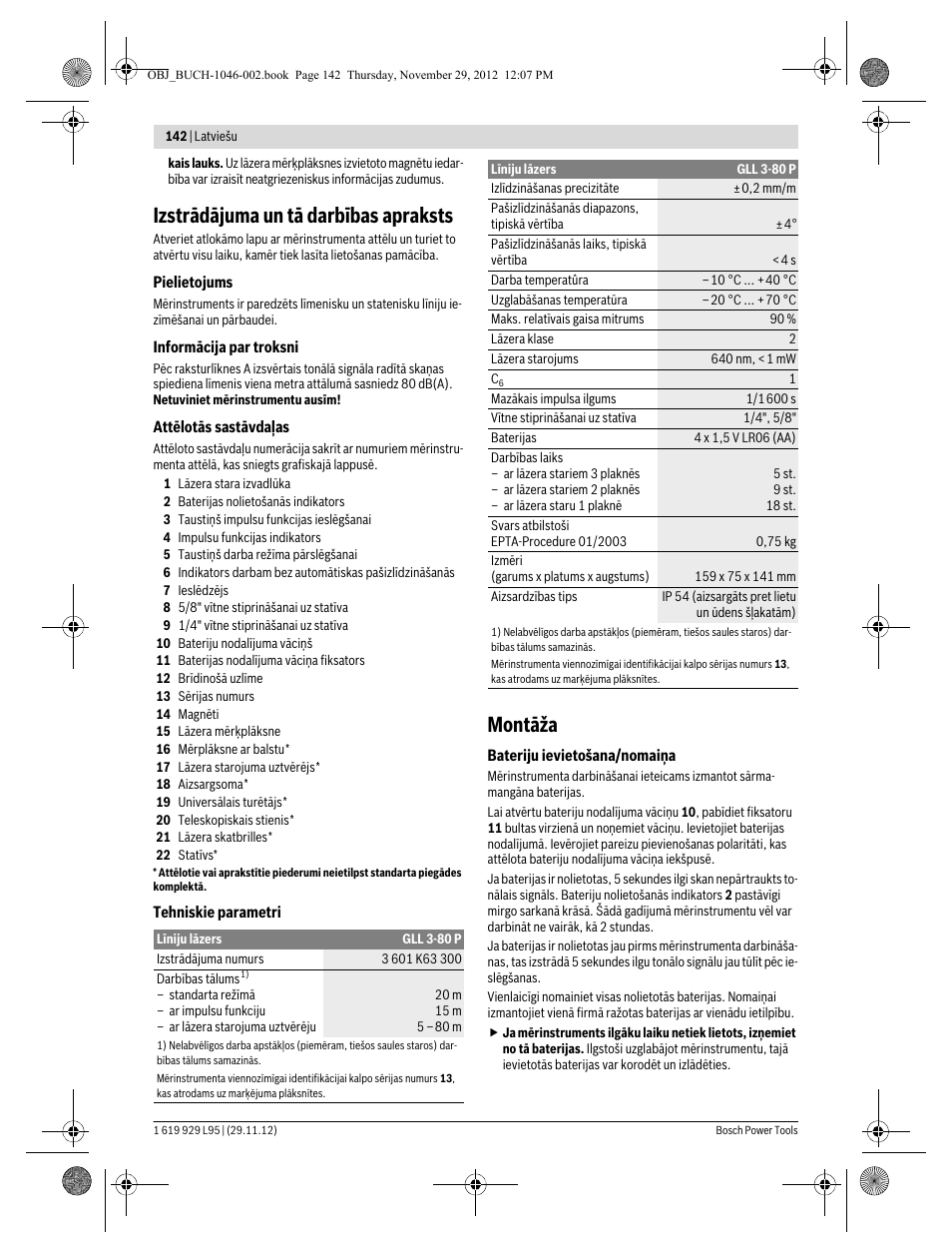 Izstrādājuma un tā darbības apraksts, Montāža | Bosch GLL 3-80 P Professional User Manual | Page 142 / 196