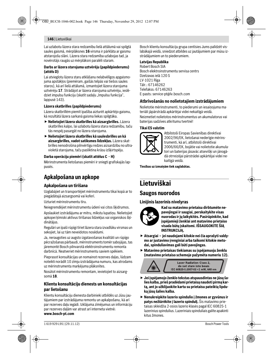 Lietuviškai, Apkalpošana un apkope, Saugos nuorodos | Bosch GLL 3-80 P Professional User Manual | Page 146 / 196