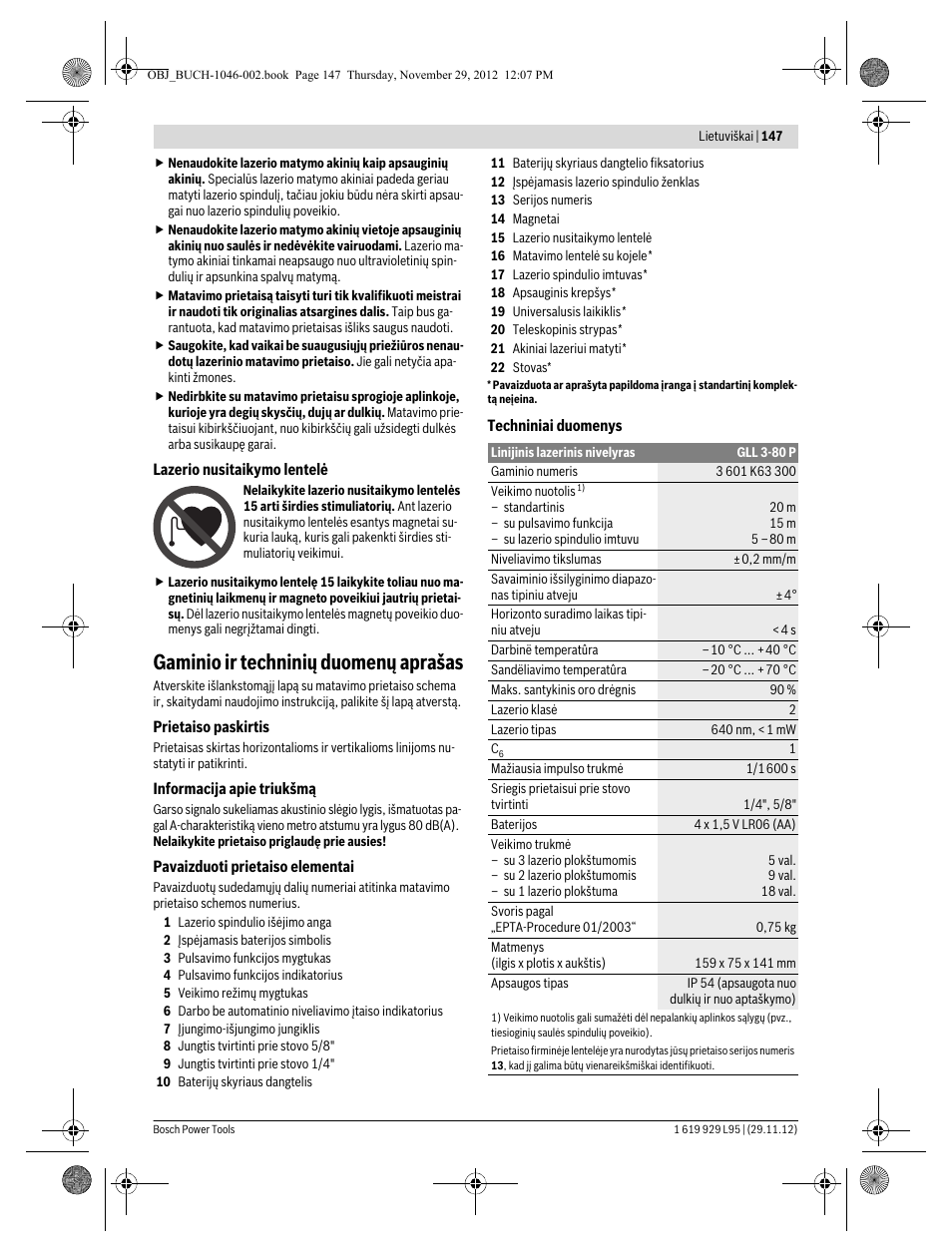 Gaminio ir techninių duomenų aprašas | Bosch GLL 3-80 P Professional User Manual | Page 147 / 196