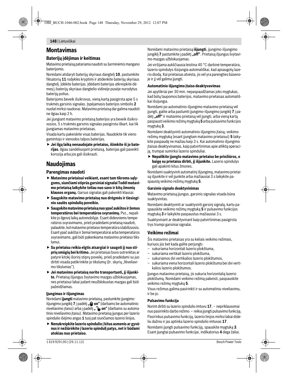 Montavimas, Naudojimas | Bosch GLL 3-80 P Professional User Manual | Page 148 / 196