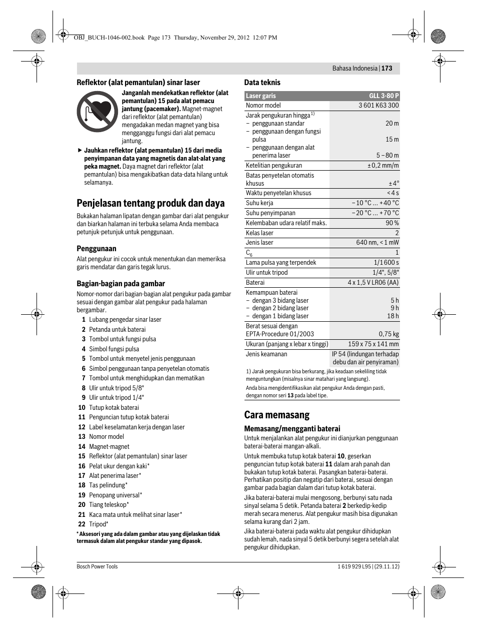 Penjelasan tentang produk dan daya, Cara memasang | Bosch GLL 3-80 P Professional User Manual | Page 173 / 196