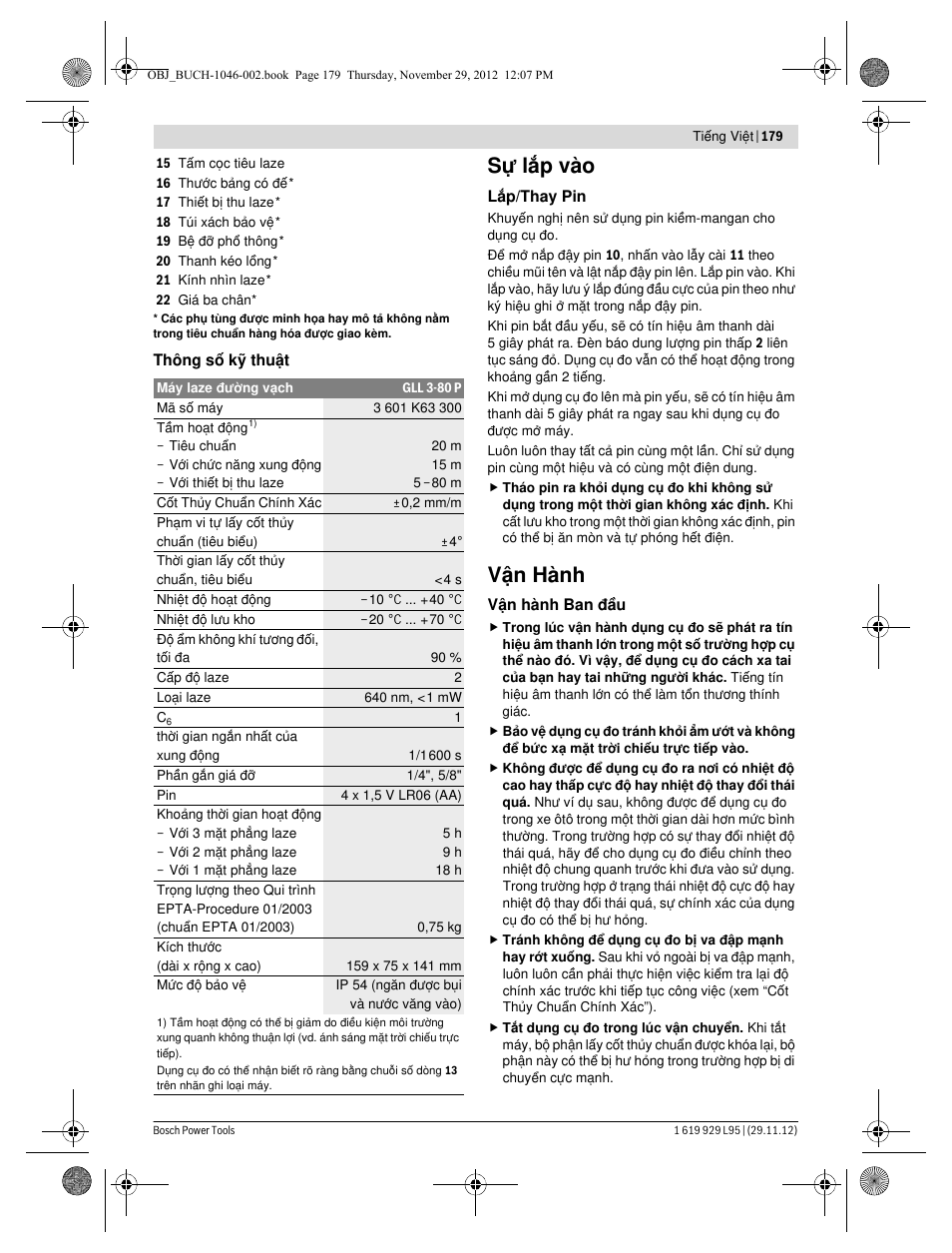 Sự lắp vào, Vận hành | Bosch GLL 3-80 P Professional User Manual | Page 179 / 196