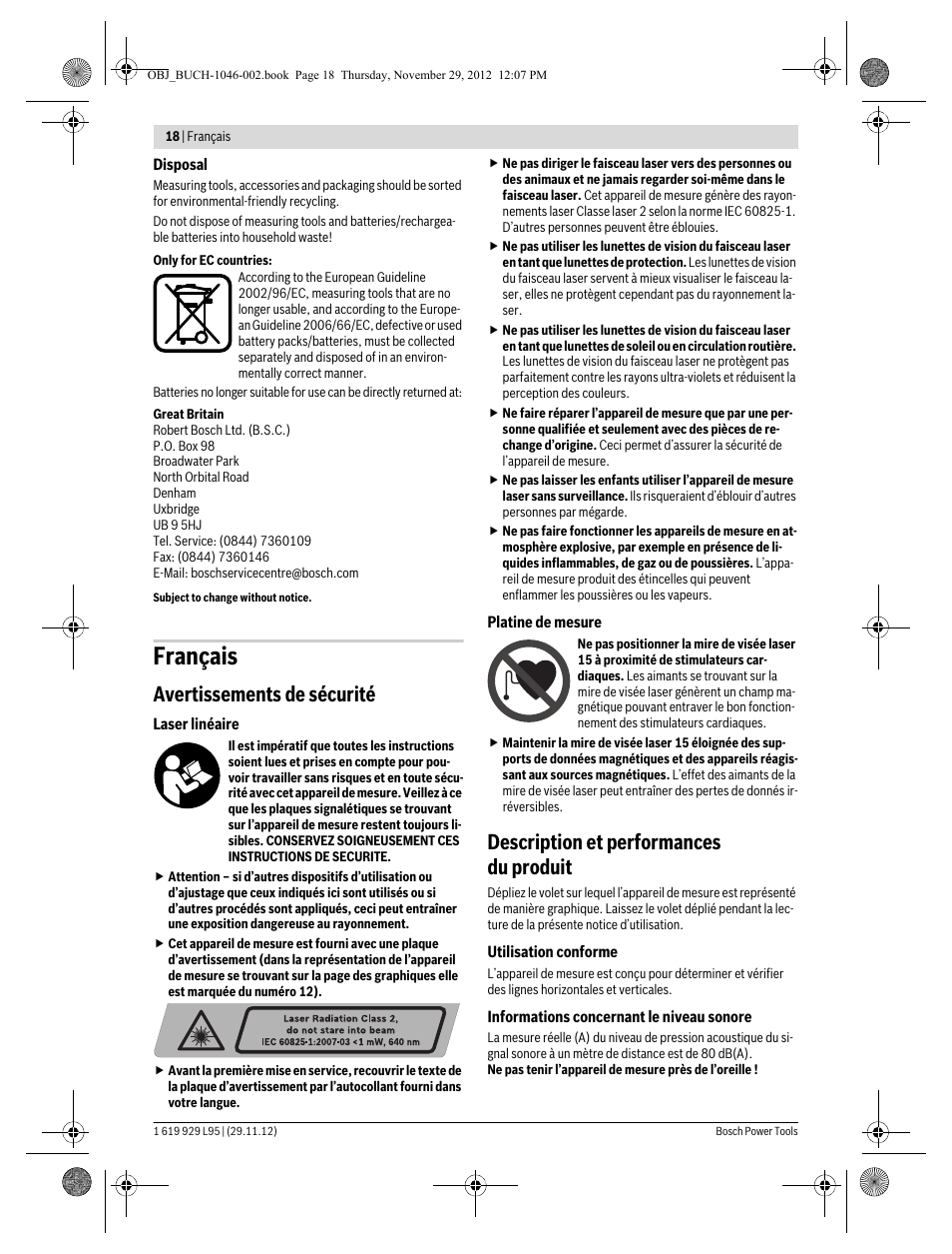 Français, Avertissements de sécurité, Description et performances du produit | Bosch GLL 3-80 P Professional User Manual | Page 18 / 196