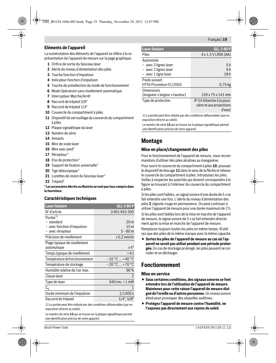 Montage, Fonctionnement | Bosch GLL 3-80 P Professional User Manual | Page 19 / 196