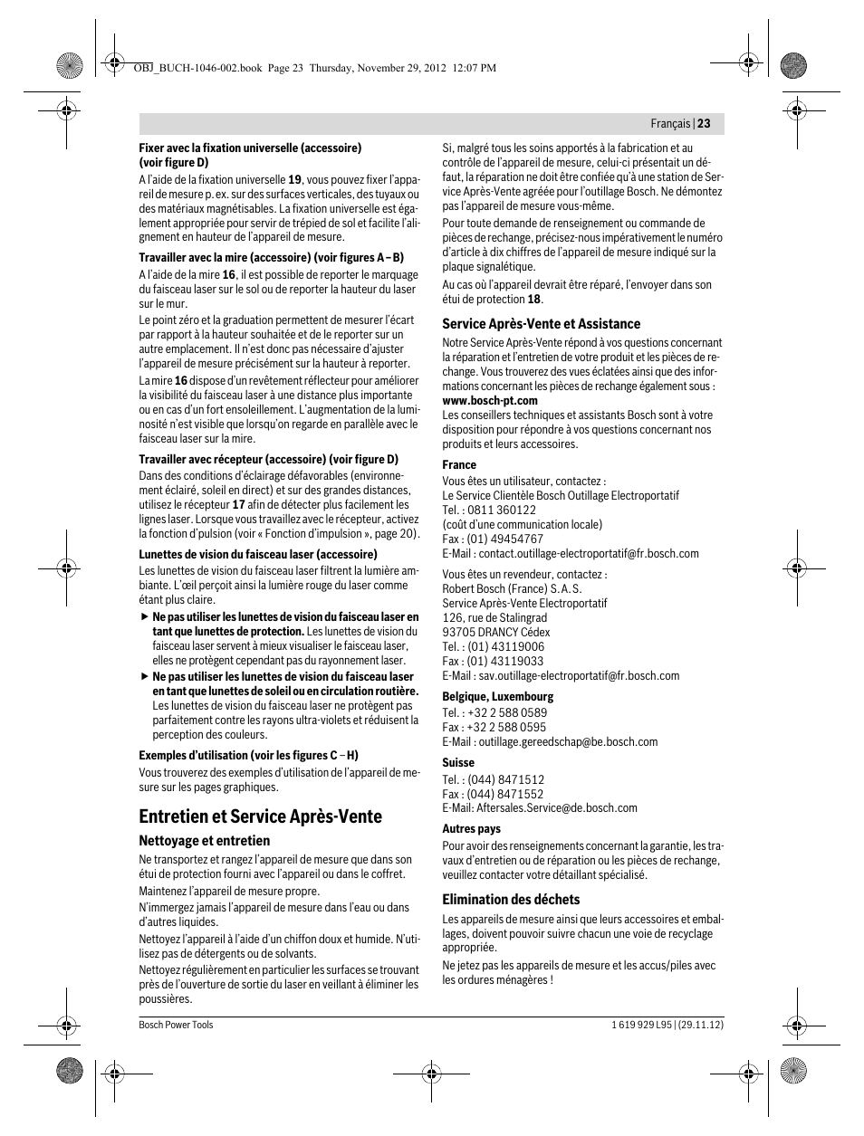 Entretien et service après-vente | Bosch GLL 3-80 P Professional User Manual | Page 23 / 196