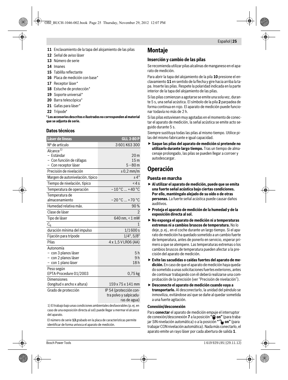 Montaje, Operación | Bosch GLL 3-80 P Professional User Manual | Page 25 / 196