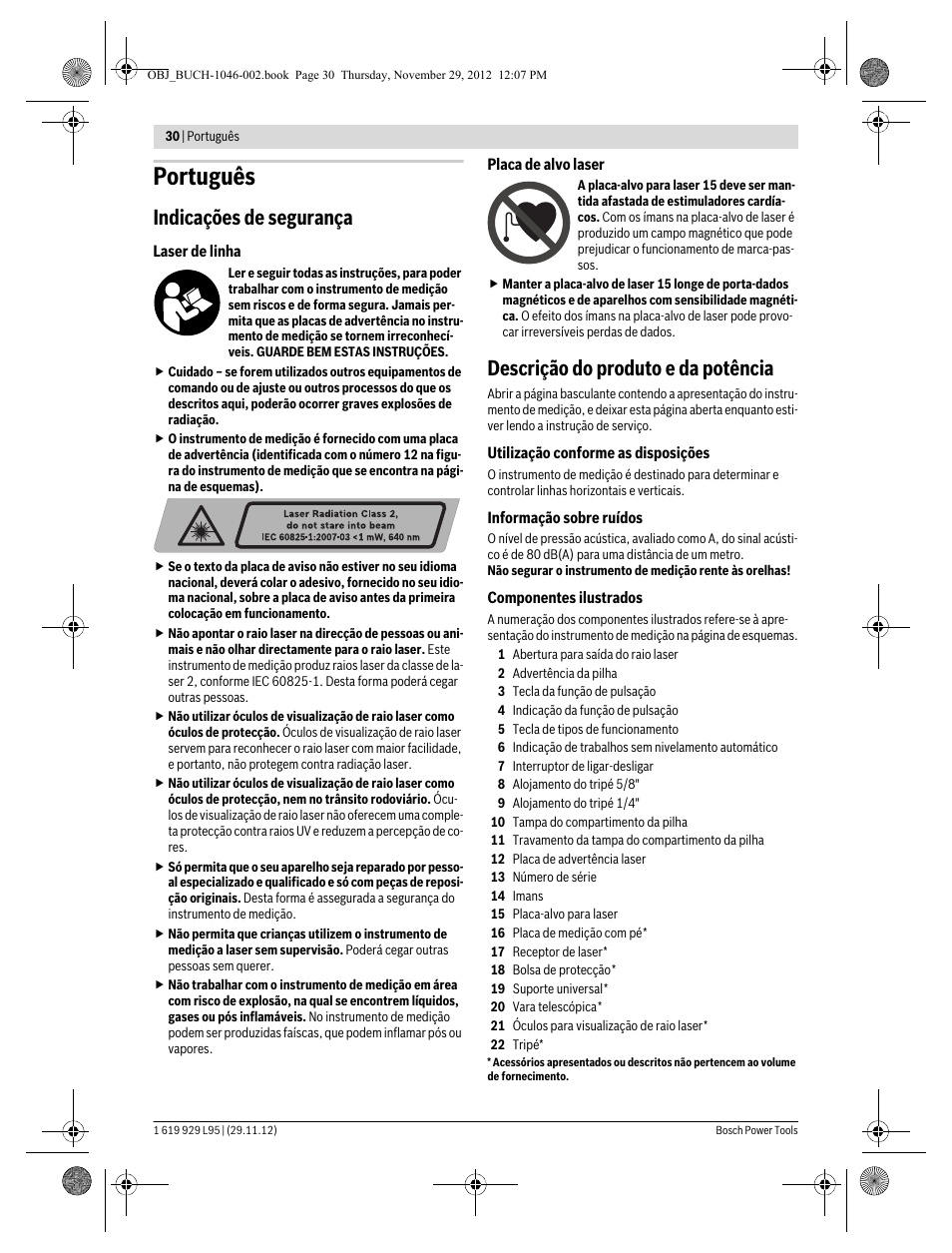 Português, Indicações de segurança, Descrição do produto e da potência | Bosch GLL 3-80 P Professional User Manual | Page 30 / 196