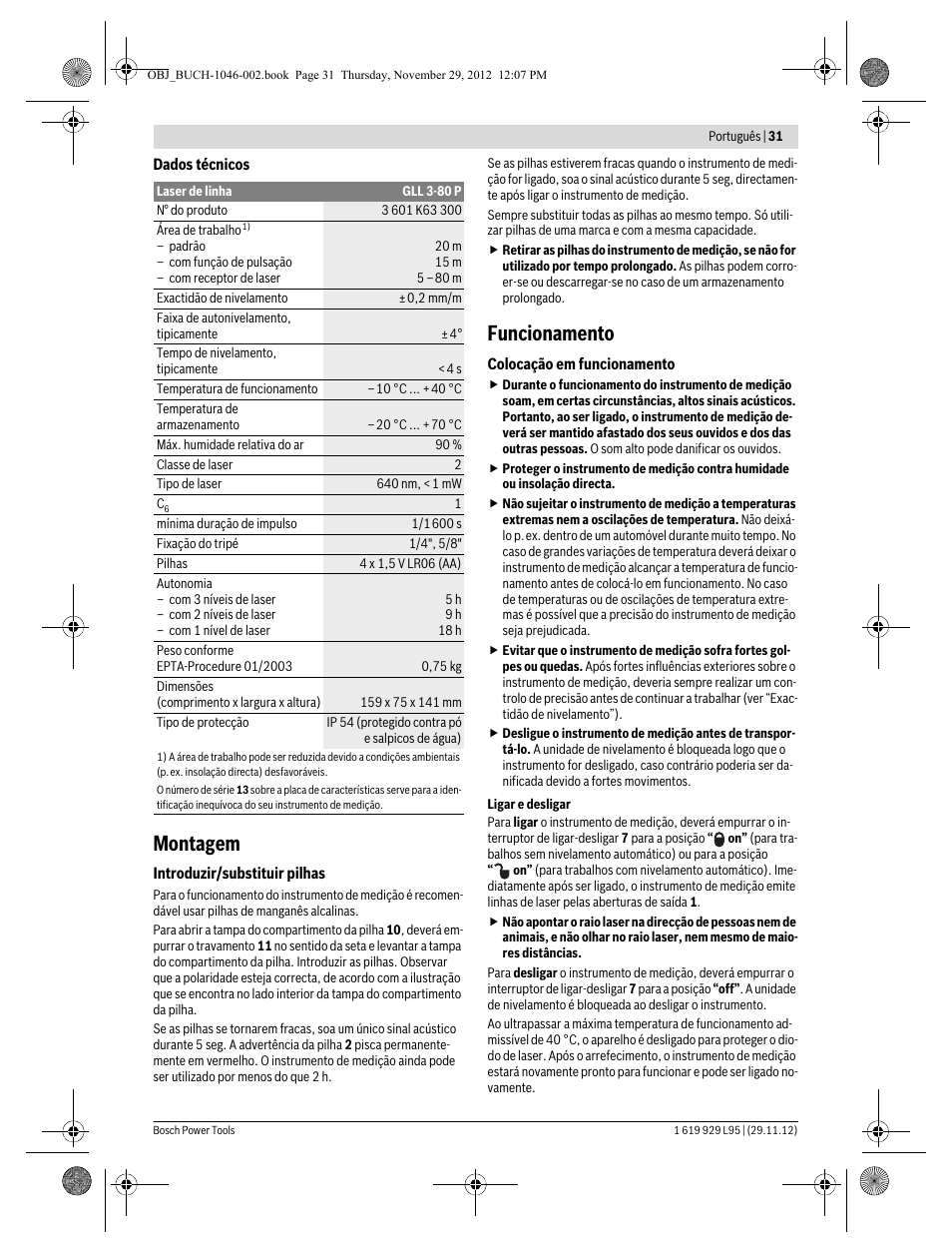 Montagem, Funcionamento | Bosch GLL 3-80 P Professional User Manual | Page 31 / 196