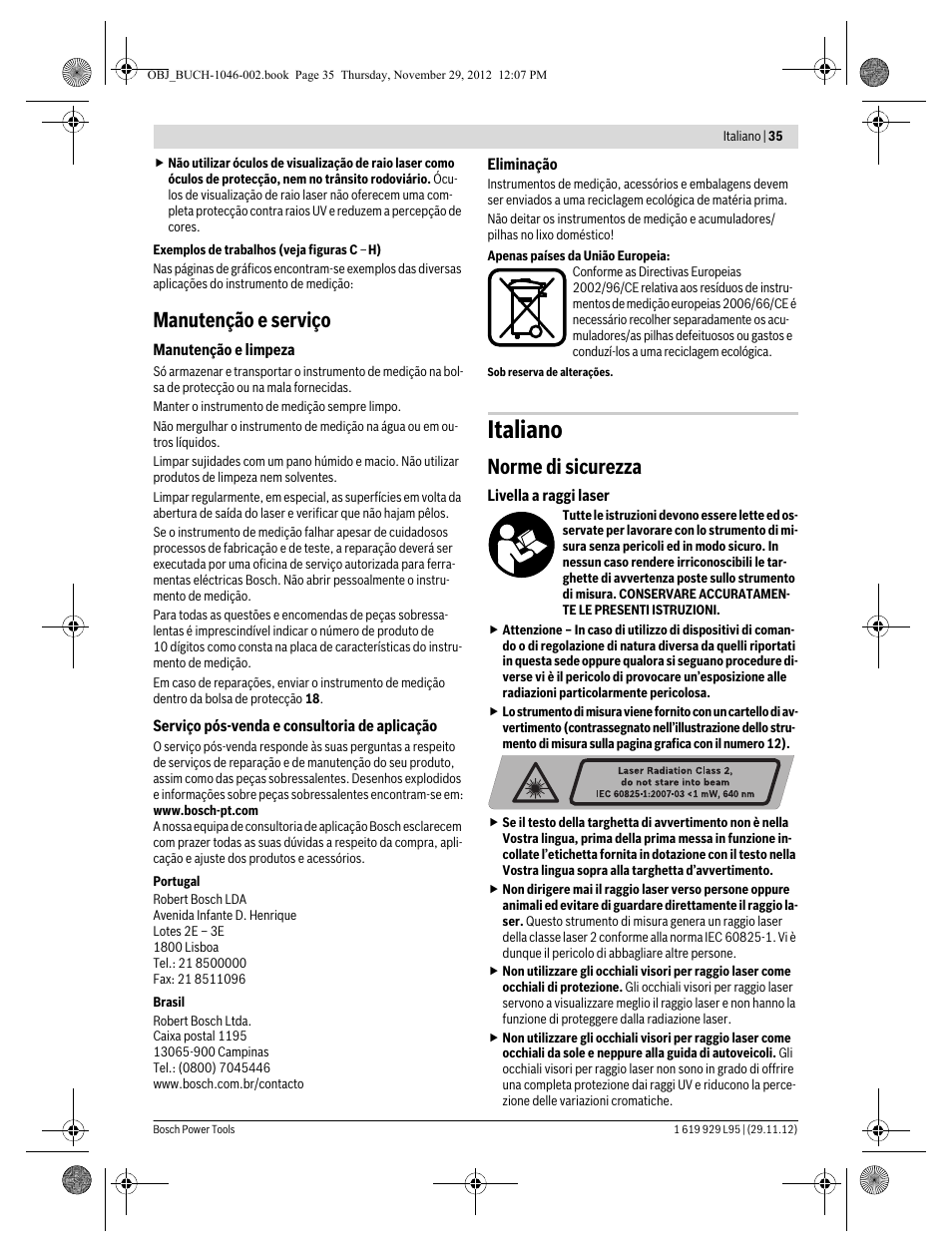 Italiano, Manutenção e serviço, Norme di sicurezza | Bosch GLL 3-80 P Professional User Manual | Page 35 / 196