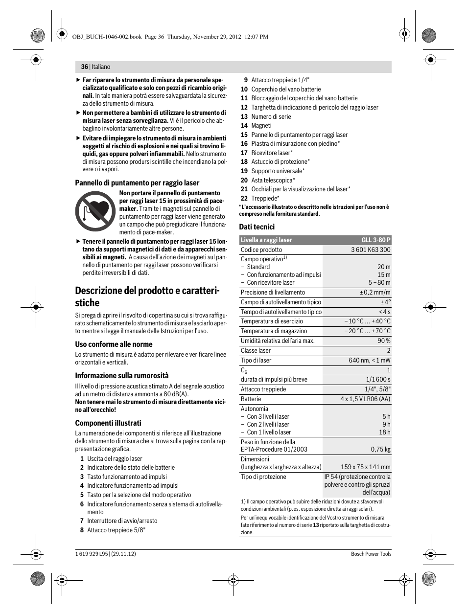 Descrizione del prodotto e caratteri- stiche | Bosch GLL 3-80 P Professional User Manual | Page 36 / 196