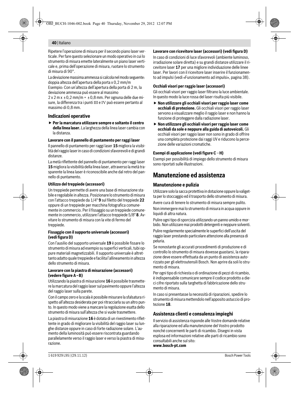 Manutenzione ed assistenza | Bosch GLL 3-80 P Professional User Manual | Page 40 / 196