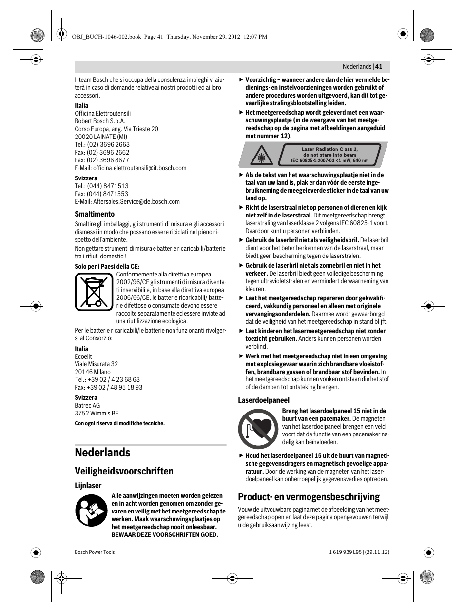 Nederlands, Veiligheidsvoorschriften, Product- en vermogensbeschrijving | Bosch GLL 3-80 P Professional User Manual | Page 41 / 196