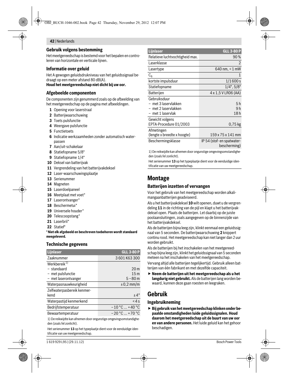 Montage, Gebruik | Bosch GLL 3-80 P Professional User Manual | Page 42 / 196