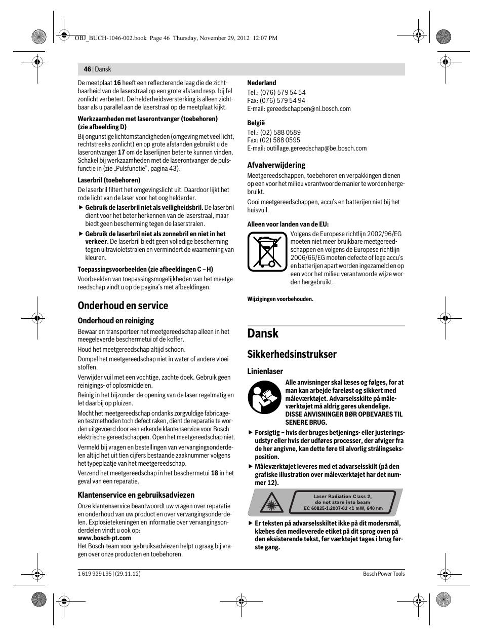 Dansk, Onderhoud en service, Sikkerhedsinstrukser | Bosch GLL 3-80 P Professional User Manual | Page 46 / 196