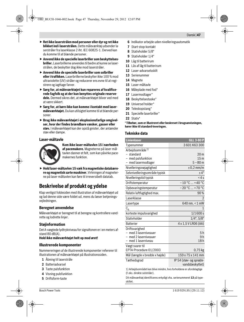 Beskrivelse af produkt og ydelse | Bosch GLL 3-80 P Professional User Manual | Page 47 / 196