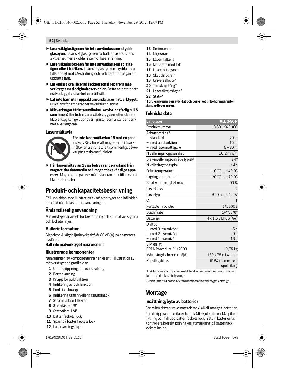 Produkt- och kapacitetsbeskrivning, Montage | Bosch GLL 3-80 P Professional User Manual | Page 52 / 196