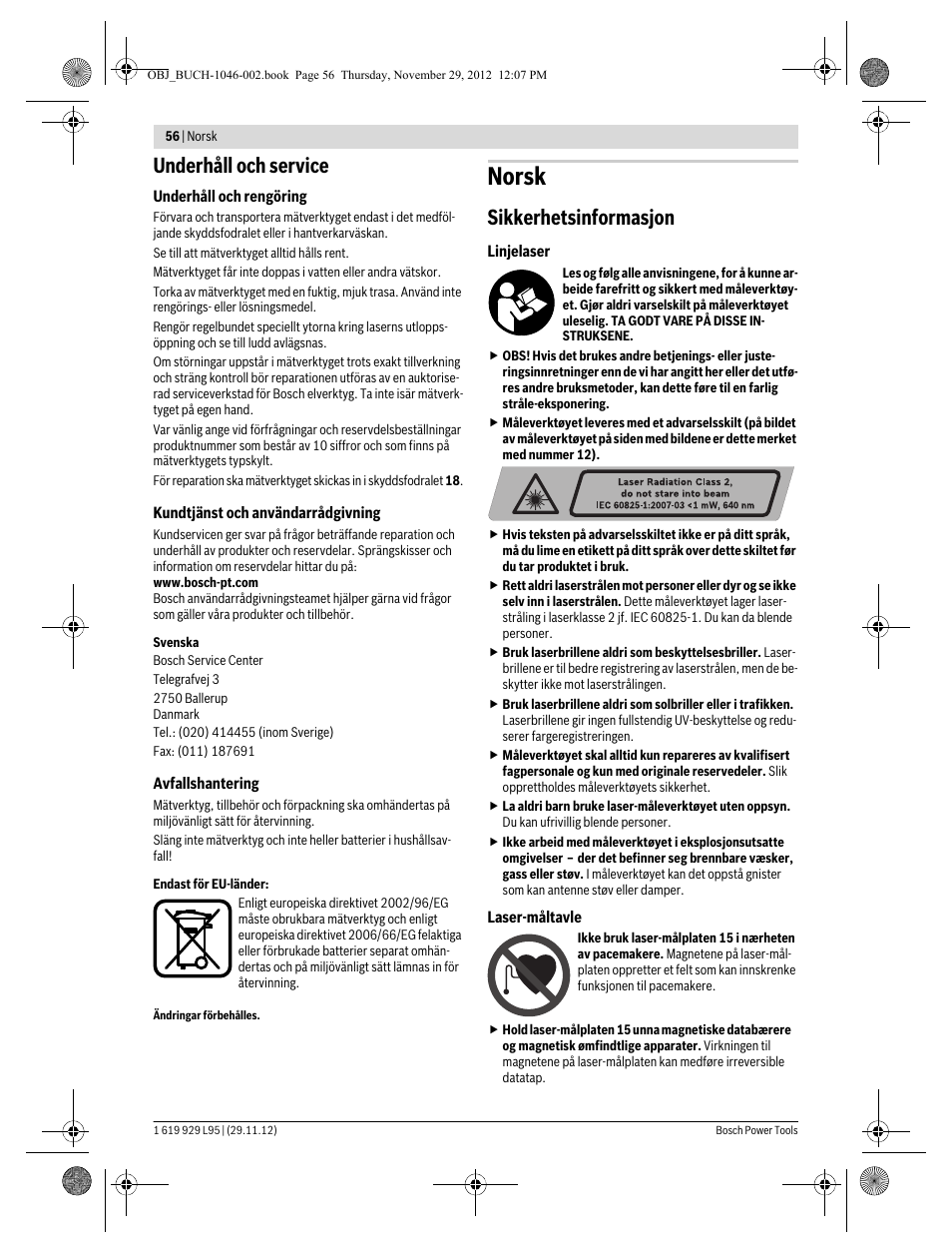 Norsk, Underhåll och service, Sikkerhetsinformasjon | Bosch GLL 3-80 P Professional User Manual | Page 56 / 196