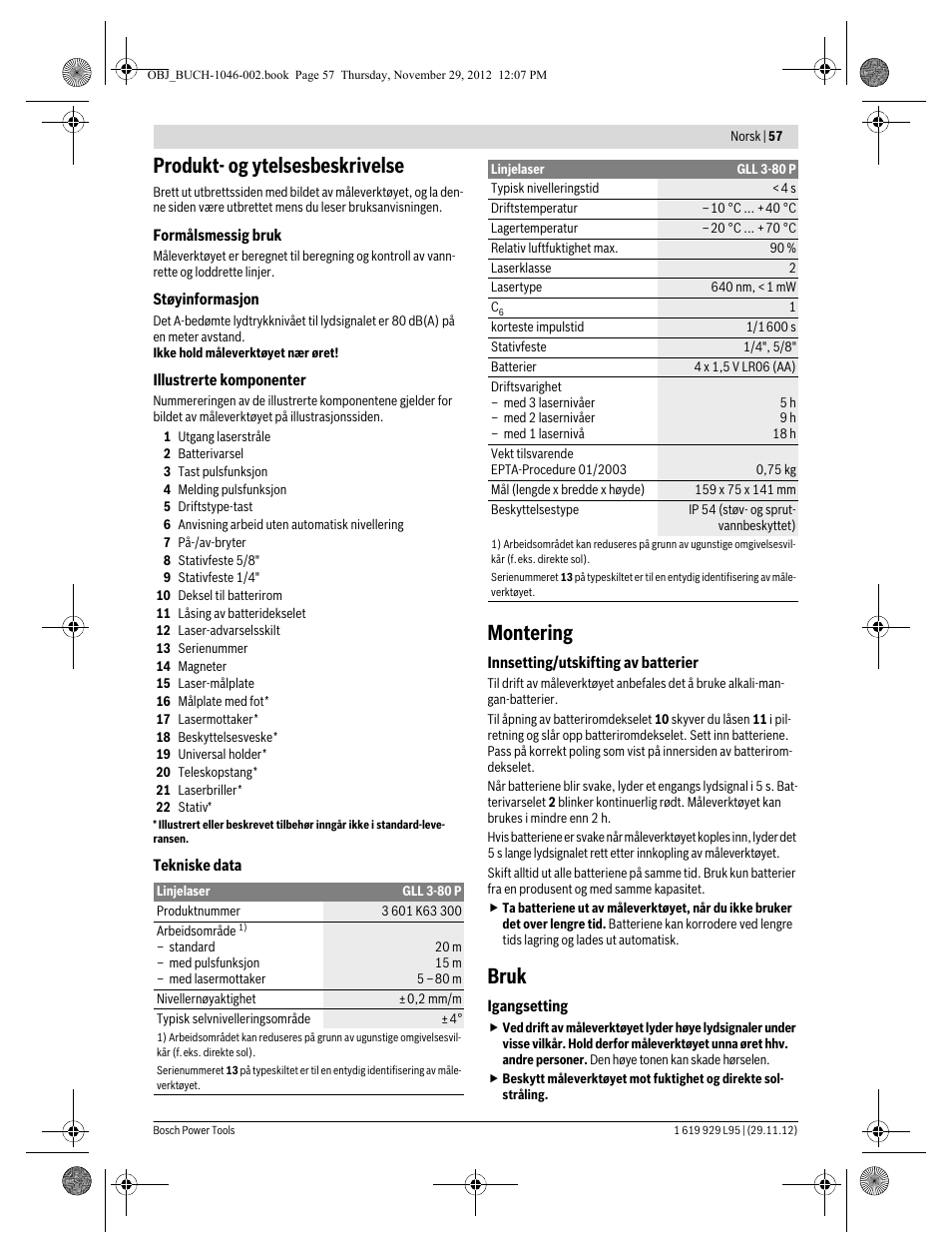 Produkt- og ytelsesbeskrivelse, Montering, Bruk | Bosch GLL 3-80 P Professional User Manual | Page 57 / 196