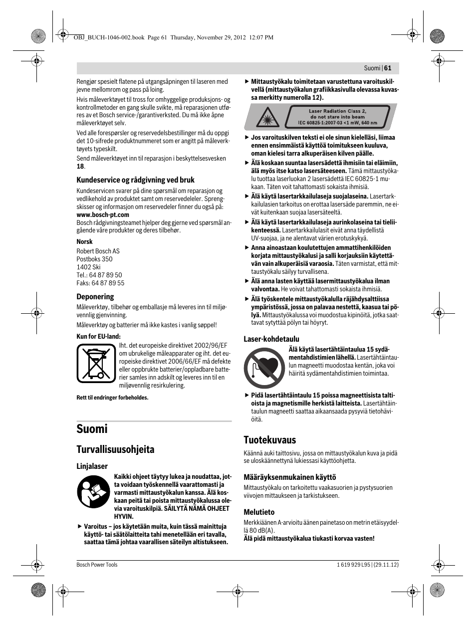 Suomi, Turvallisuusohjeita, Tuotekuvaus | Bosch GLL 3-80 P Professional User Manual | Page 61 / 196