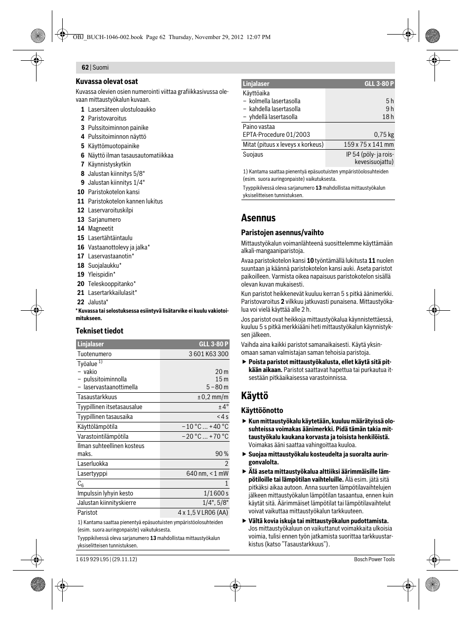 Asennus, Käyttö | Bosch GLL 3-80 P Professional User Manual | Page 62 / 196