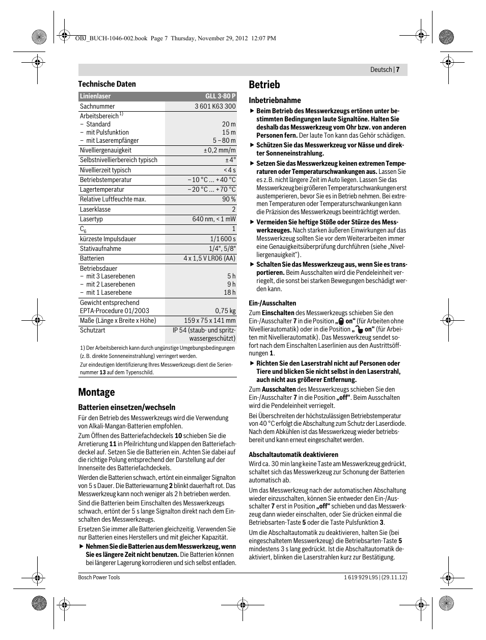 Montage, Betrieb | Bosch GLL 3-80 P Professional User Manual | Page 7 / 196