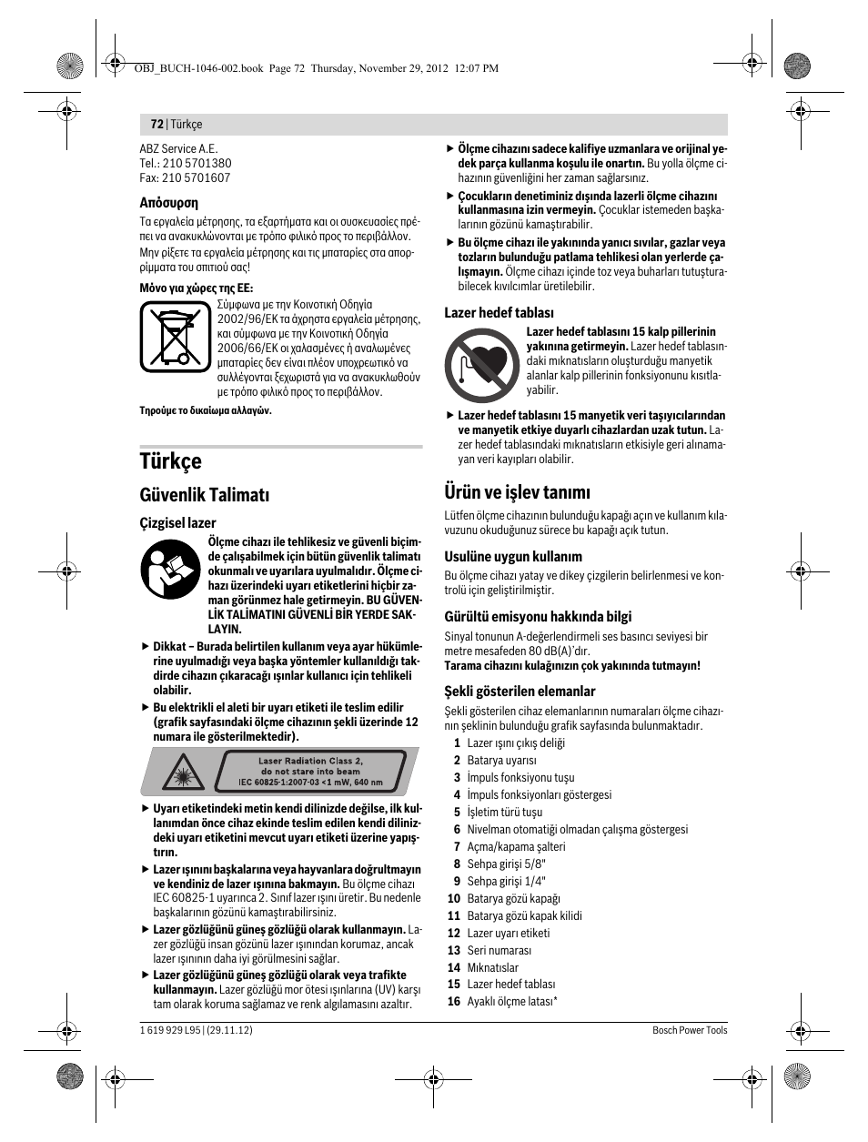 Türkçe, Güvenlik talimatı, Ürün ve işlev tanımı | Bosch GLL 3-80 P Professional User Manual | Page 72 / 196