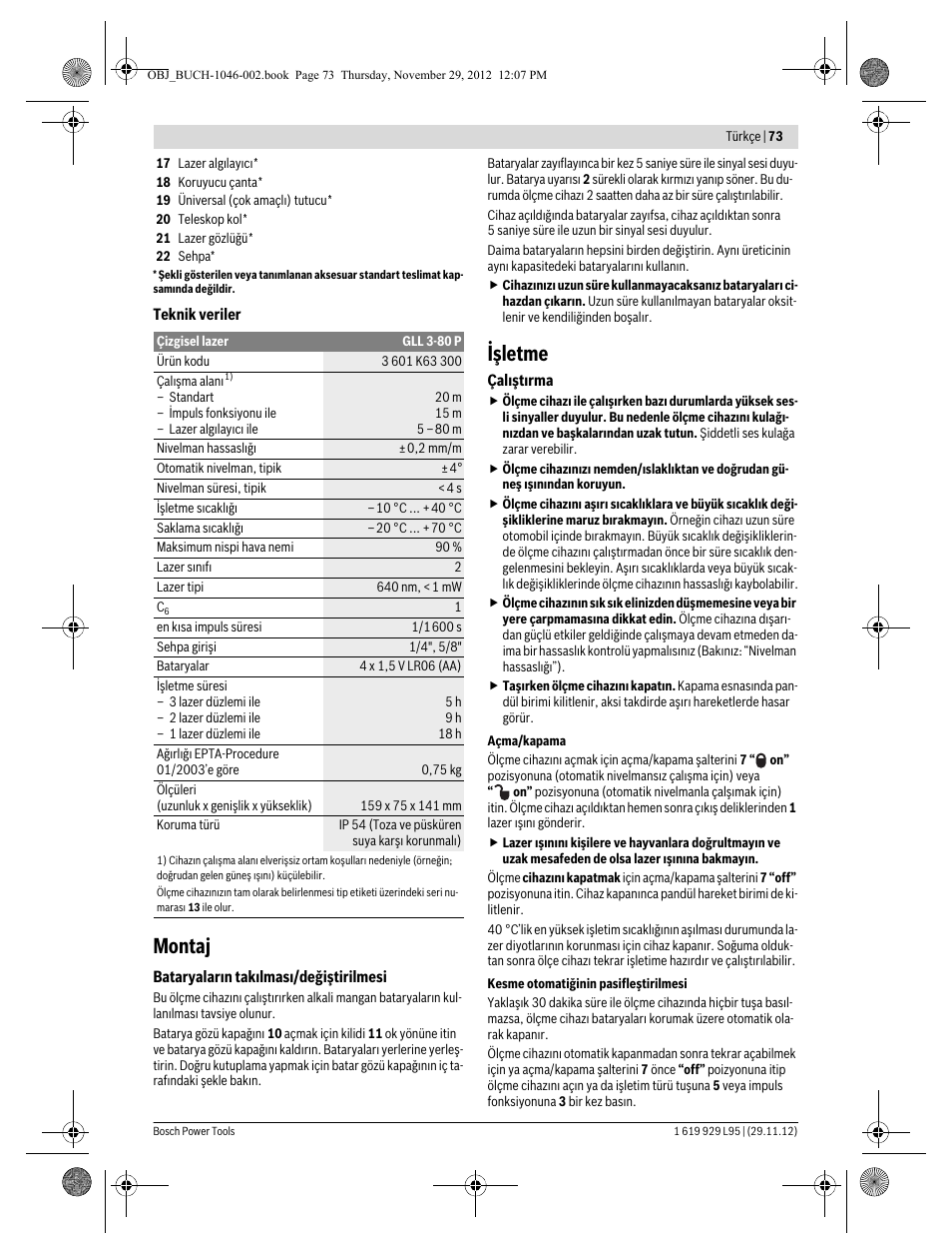 Montaj, Işletme | Bosch GLL 3-80 P Professional User Manual | Page 73 / 196