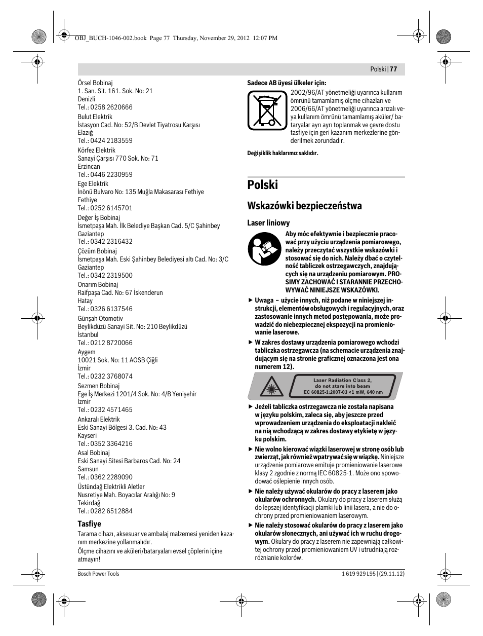 Polski, Wskazówki bezpieczeństwa | Bosch GLL 3-80 P Professional User Manual | Page 77 / 196