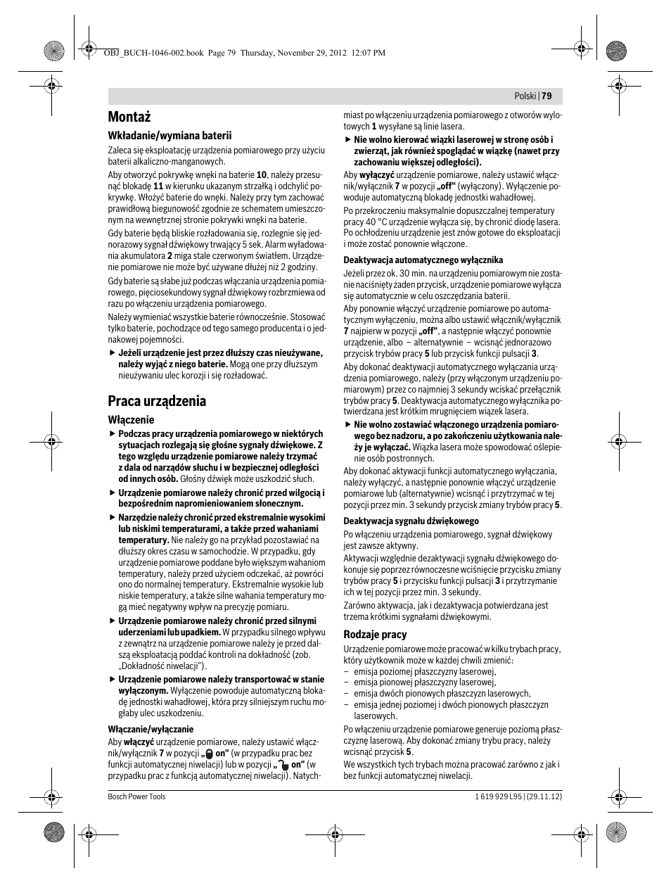 Montaż, Praca urządzenia | Bosch GLL 3-80 P Professional User Manual | Page 79 / 196