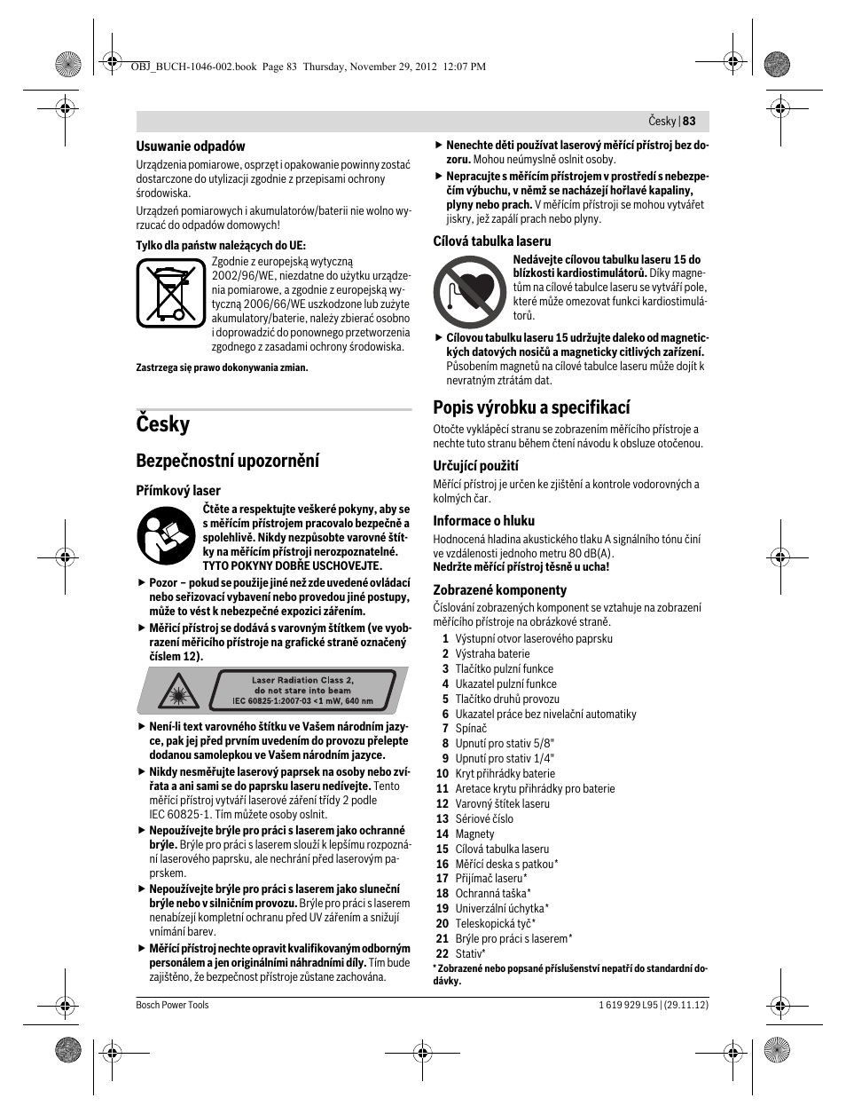 Česky, Bezpečnostní upozornění, Popis výrobku a specifikací | Bosch GLL 3-80 P Professional User Manual | Page 83 / 196