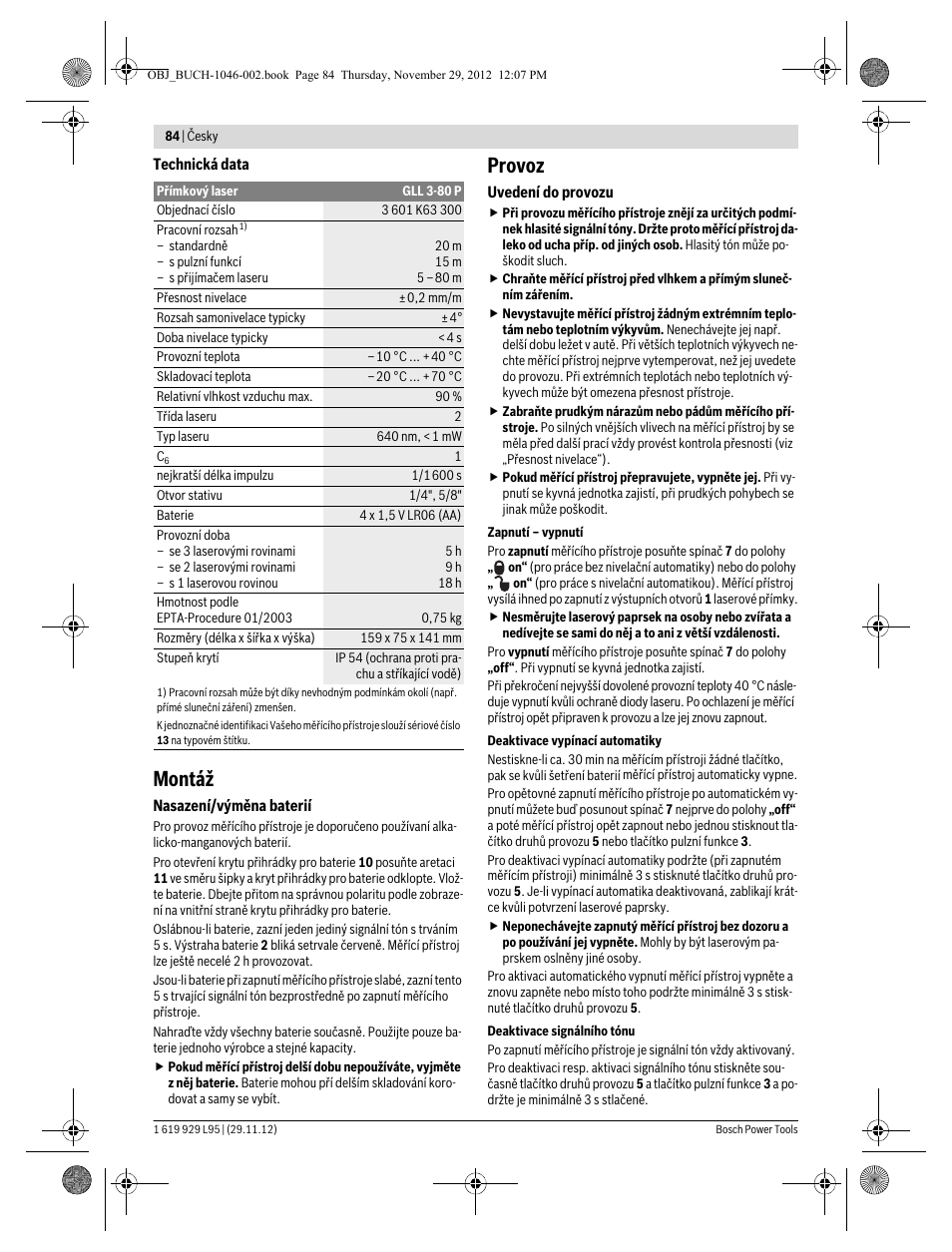 Montáž, Provoz | Bosch GLL 3-80 P Professional User Manual | Page 84 / 196