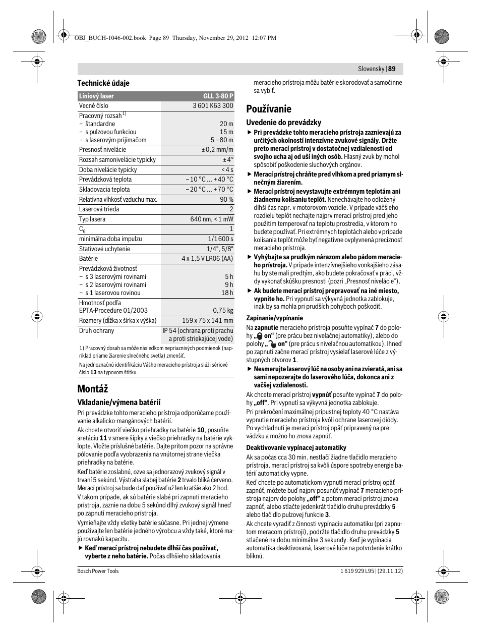 Montáž, Používanie | Bosch GLL 3-80 P Professional User Manual | Page 89 / 196