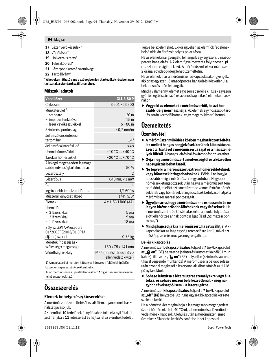 Összeszerelés, Üzemeltetés | Bosch GLL 3-80 P Professional User Manual | Page 94 / 196