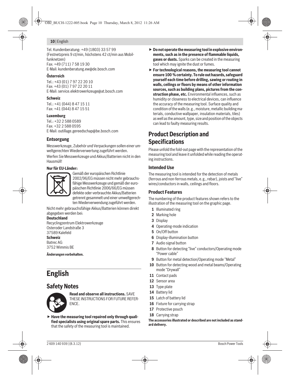 English, Product description and specifications | Bosch GMS 120 Professional User Manual | Page 10 / 156