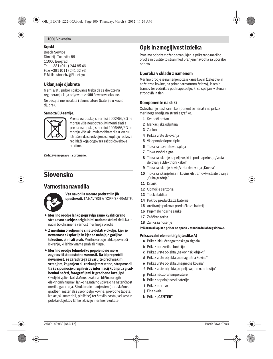 Slovensko, Varnostna navodila, Opis in zmogljivost izdelka | Bosch GMS 120 Professional User Manual | Page 100 / 156