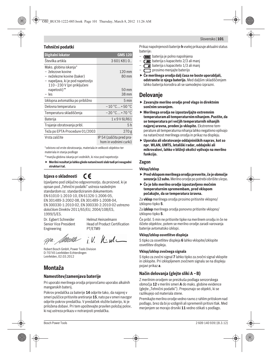 Montaža, Delovanje | Bosch GMS 120 Professional User Manual | Page 101 / 156