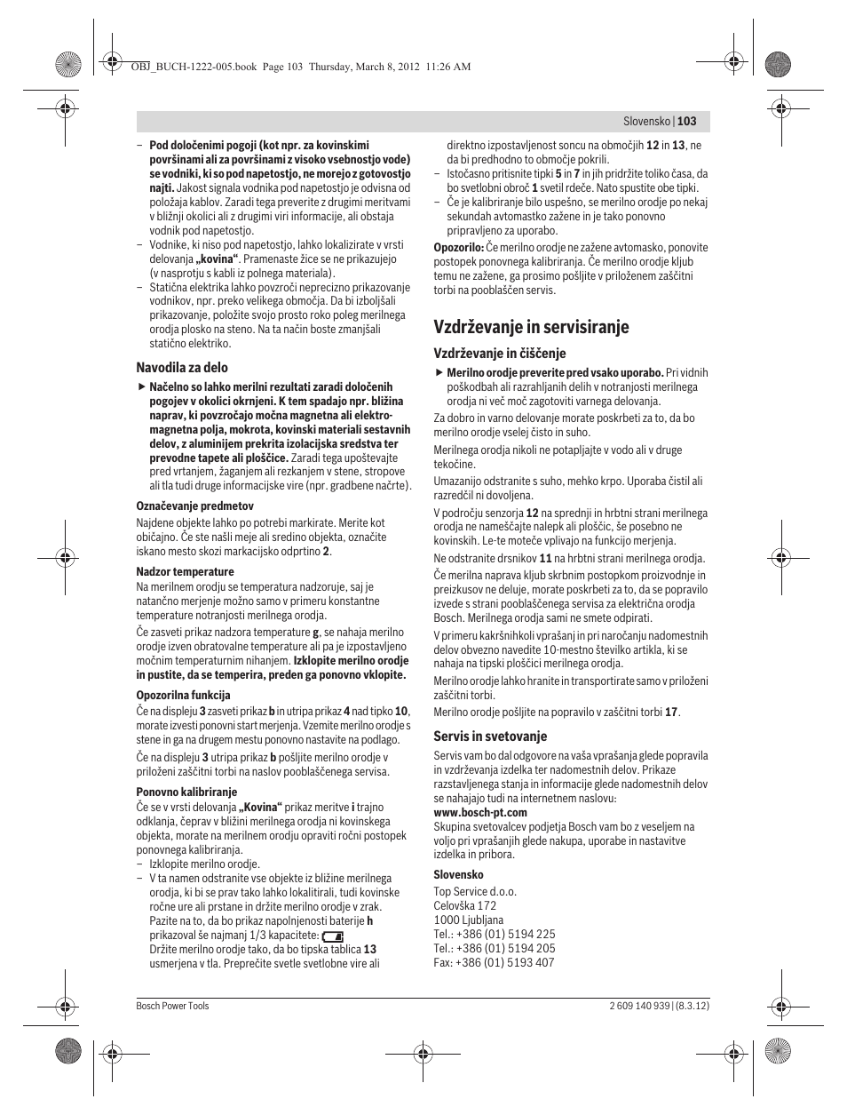 Vzdrževanje in servisiranje | Bosch GMS 120 Professional User Manual | Page 103 / 156