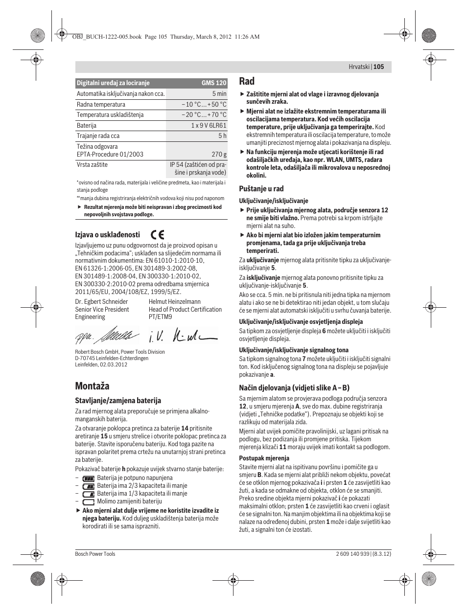 Montaža | Bosch GMS 120 Professional User Manual | Page 105 / 156