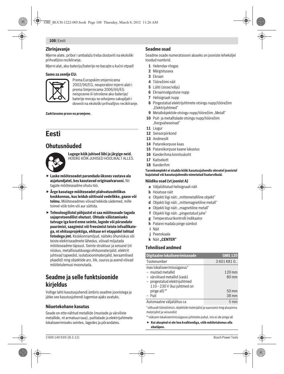 Eesti, Ohutusnõuded, Seadme ja selle funktsioonide kirjeldus | Bosch GMS 120 Professional User Manual | Page 108 / 156