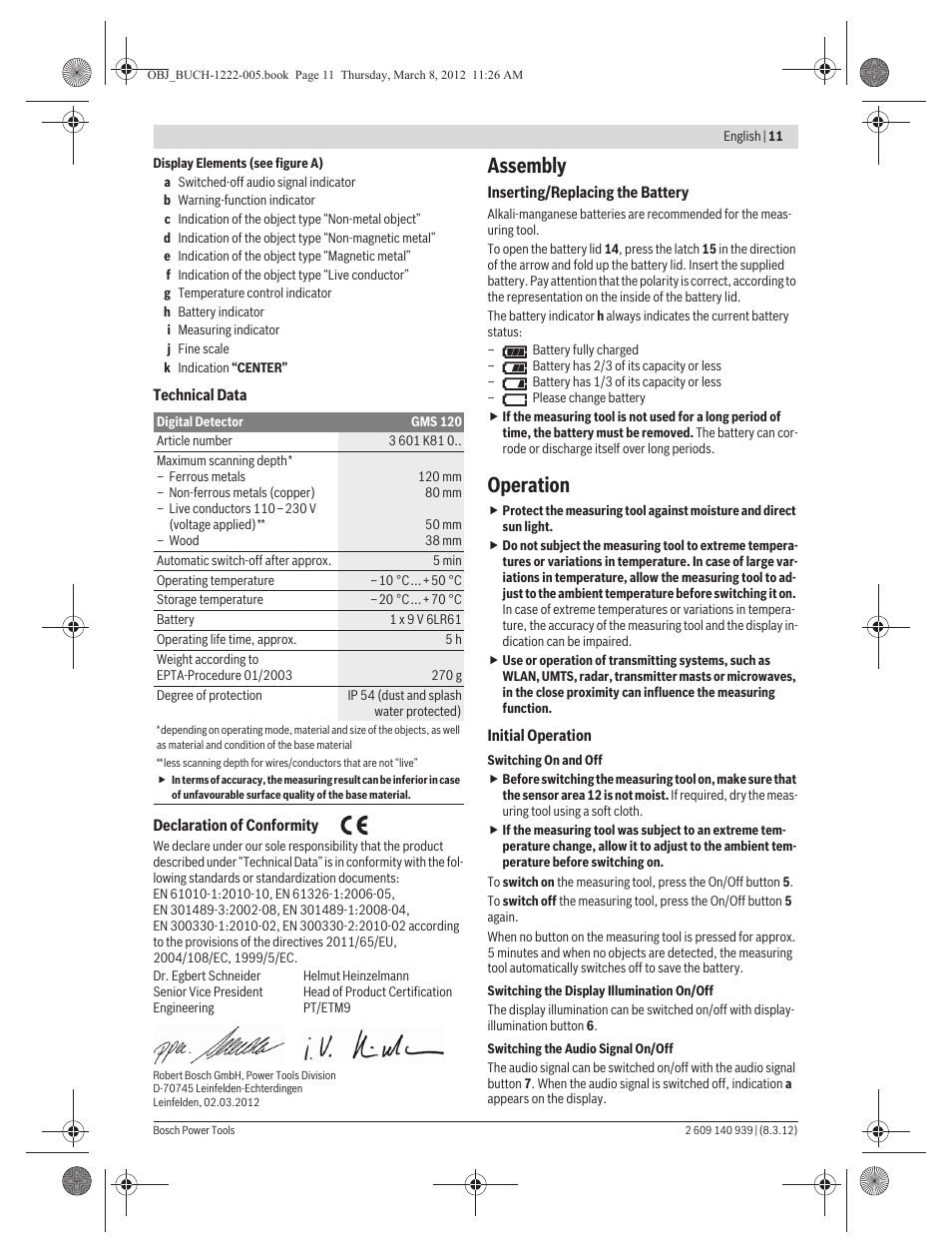 Assembly, Operation | Bosch GMS 120 Professional User Manual | Page 11 / 156