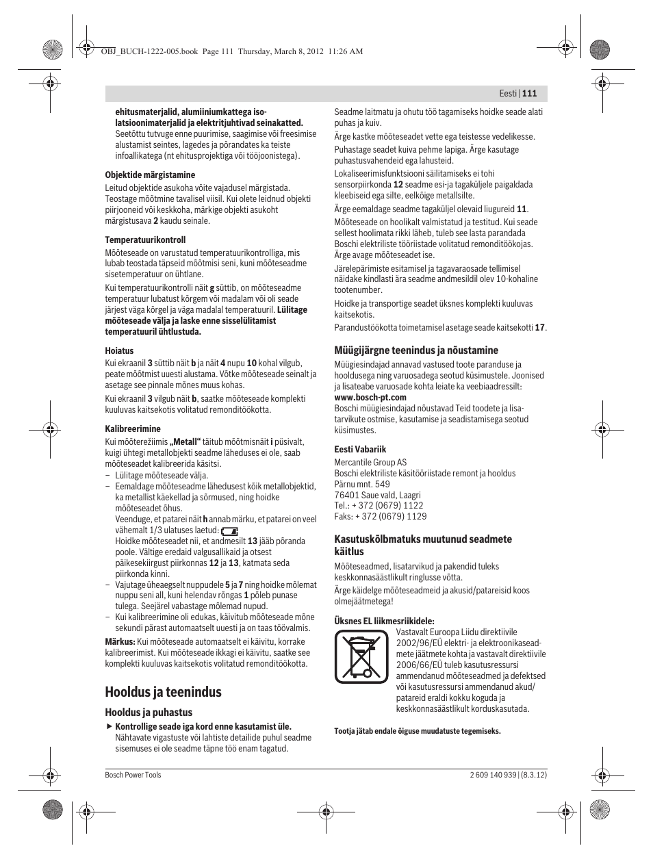 Hooldus ja teenindus | Bosch GMS 120 Professional User Manual | Page 111 / 156