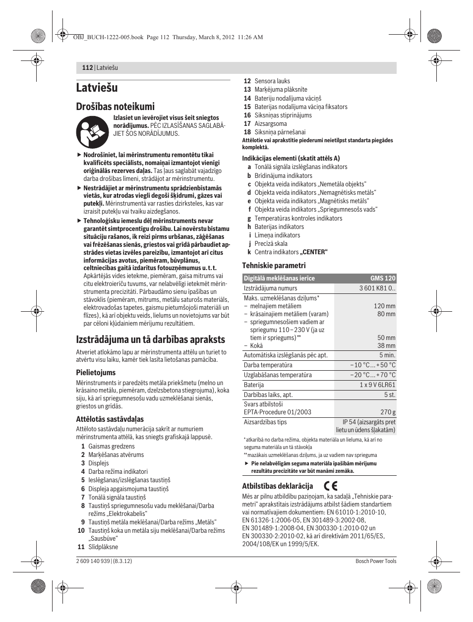 Latviešu, Izstrādājuma un tā darbības apraksts | Bosch GMS 120 Professional User Manual | Page 112 / 156